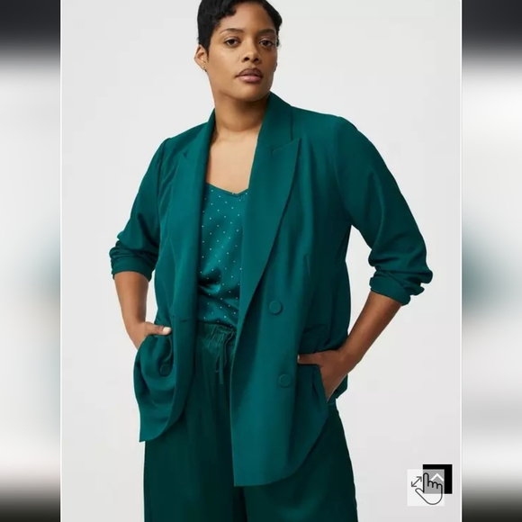 NWT Teal Studio Relaxed Double-Breasted Crepe Blazer - Picture 7 of 10